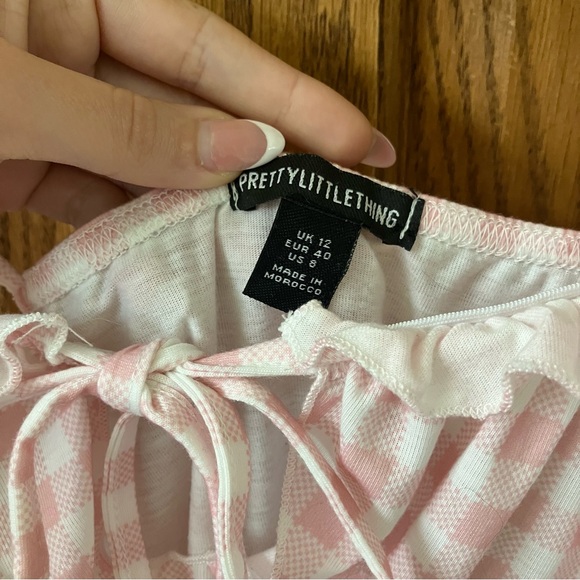 PrettyLittleThing Pink Gingham Ruched Tie Bust Frill Hem Bodycon Dress Size 8 - Picture 4 of 12